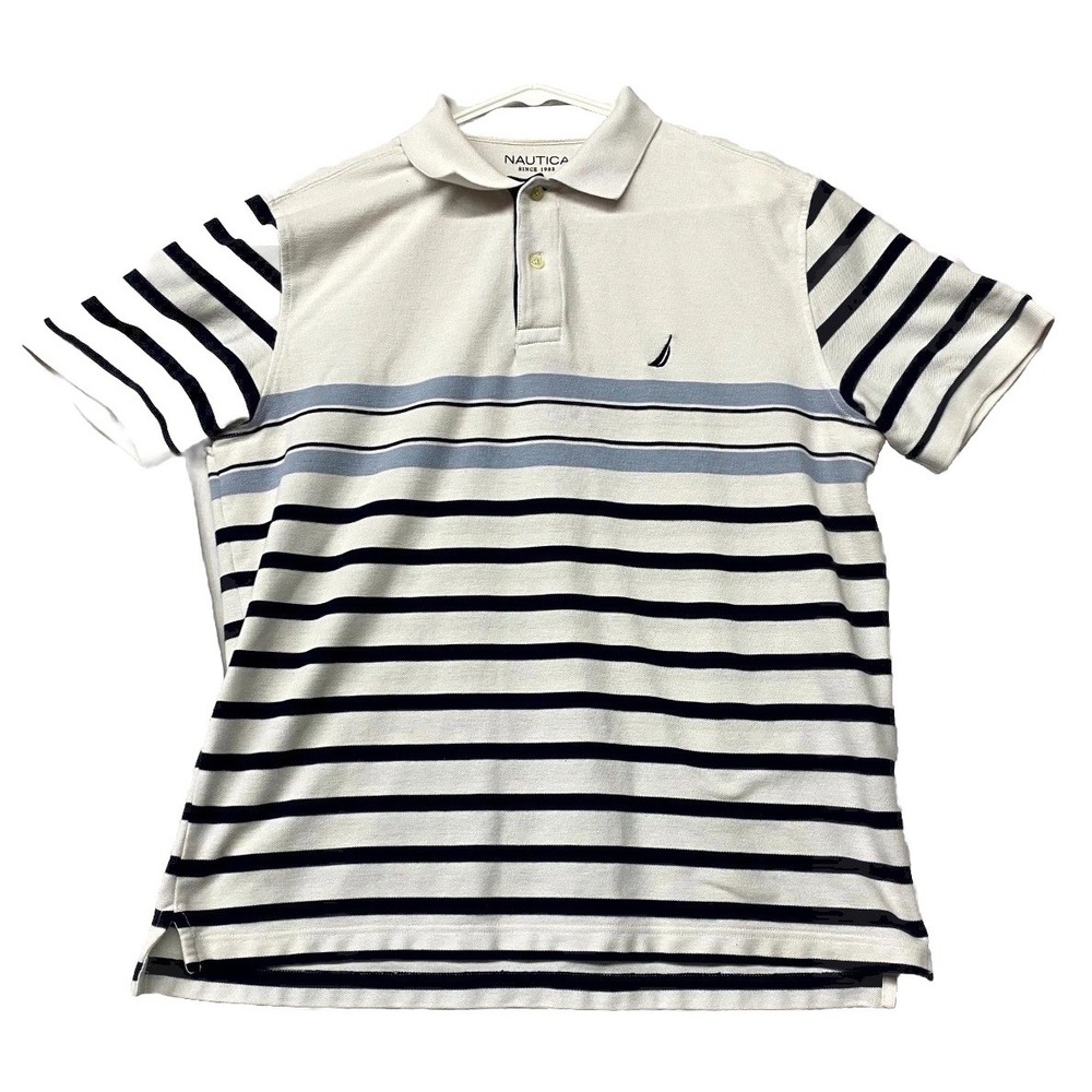 Nautica Performance Deck Polo Shirt Mens Medium Black White Striped Classic Fit